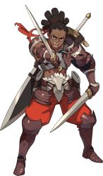 Rule 34 | 1boy, arm up, armor, armored boots, artist request, belt, boots, breastplate, brown eyes, brown footwear, dark-skinned male, dark skin, dreadlocks, dual wielding, faulds, forehead, full body, gauntlets, gilasrad (world flipper), hair ribbon, happy, highres, holding, holding sword, holding weapon, huge weapon, looking at viewer, male focus, midriff, non-web source, official art, open mouth, outstretched arm, pants, red pants, red ribbon, ribbon, sheath, shiny clothes, short hair, shoulder armor, simple background, smile, solo, spikes, standing, sword, teeth, transparent background, v-shaped eyebrows, weapon, weapon on back, world flipper