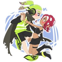 Rule 34 | 1boy, 1girl, agent 3 (splatoon), agent 8 (splatoon), arms behind back, banamiluv, bike shorts, black skirt, blue eyes, blush, boots, bracelet, cape, green hair, headset, high-visibility vest, high heel boots, high heels, holding hands, inkling, inkling boy, inkling player character, jewelry, long hair, nintendo, octoling, octoling girl, octoling player character, octopus, pointy ears, ponytail, red hair, simple background, skirt, splatoon (series), splatoon 1, splatoon 2, splatoon 2: octo expansion, sportswear, squid, squidbeak splatoon, tan, tentacle hair, yellow eyes