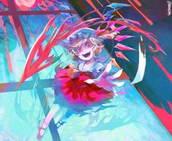Rule 34 | 1girl, artist name, blonde hair, blue background, bobby socks, crazy smile, crystal, dated commentary, dress, fingernails, flandre scarlet, full body, full moon, highres, holding, holding polearm, holding spear, holding weapon, huge filesize, laevatein, looking at viewer, moon, open mouth, outstretched hand, polearm, red dress, red eyes, red moon, sharkesen (el-evan), sharp fingernails, sharp teeth, shirt, shoes, short hair, short sleeves, side ponytail, smile, socks, solo, spear, teeth, touhou, weapon, white shirt, white socks, wings