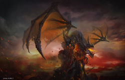 Rule 34 | artist name, cloud, cloudy sky, deathwing, dragon, guiyuan, lava, no humans, orange wings, outdoors, sky, tagme, warcraft, world of warcraft