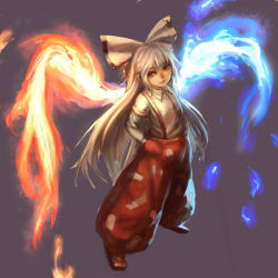Rule 34 | 1girl, asymmetrical wings, blue fire, bow, female focus, fire, fire, fujiwara no mokou, full body, hair bow, hands in pockets, inishie kumo, long hair, pants, red eyes, shirt, silver hair, smile, solo, suspenders, touhou, very long hair, wings