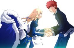 Rule 34 | 1boy, 1girl, ahoge, armor, armored dress, artoria pendragon (all), artoria pendragon (fate), black jacket, blonde hair, blue cape, blue dress, blue pants, blue ribbon, broken armor, brown eyes, cape, chietori, couple, dress, emiya shirou, eye contact, fate/stay night, fate (series), floating hair, fur-trimmed cape, fur trim, green eyes, hair ribbon, holding hands, jacket, long hair, long sleeves, looking at another, open clothes, open jacket, open mouth, pants, red hair, ribbon, saber (fate), simple background, spiked hair, white background