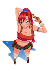 Rule 34 | 10s, 1girl, armband, armpits, bad id, bad pixiv id, bellows (suisei no gargantia), belt, blue eyes, breasts, cleavage, dnet, eyelashes, garter straps, highres, midriff, navel, ponytail, red hair, shadow, short shorts, shorts, simple background, suisei no gargantia, suspenders, t.a.c.k., tack (dnet), tank top, thighhighs, white thighhighs