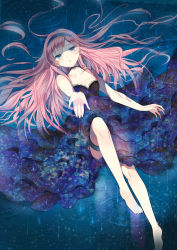 Rule 34 | 1girl, bare legs, bare shoulders, barefoot, blue eyes, domotolain, dress, feet, hairband, leg lift, long hair, lying, megurine luka, on back, outstretched hand, pink hair, rain, solo, thigh strap, vocaloid, water