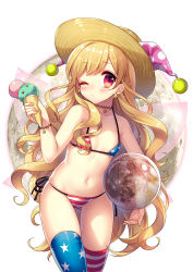 Rule 34 | 1girl, absurdres, american flag bikini, american flag legwear, american flag print, ball, beachball, bikini, blonde hair, blush, bracelet, breasts, clownpiece, earrings, fairy wings, flag print, food, hat, highres, ice cream, ice cream cone, jester cap, jewelry, long hair, looking at viewer, masaru.jp, micro bikini, necklace, one eye closed, polka dot, print bikini, red eyes, skindentation, small breasts, solo, standing, star (symbol), star earrings, star print, striped clothes, striped thighhighs, sun hat, swimsuit, thigh gap, thighhighs, touhou, very long hair, white background, wings