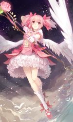 Rule 34 | 10s, 1girl, angel wings, arm behind head, bird, bobby socks, bow, bow (weapon), bubble skirt, choker, cloud, dress, flower, gloves, hair bow, highres, jewelry, kaname madoka, kyurin (sunnydelight), looking at viewer, magical girl, mahou shoujo madoka magica, mahou shoujo madoka magica (anime), open mouth, pendant, petals, pink dress, pink eyes, pink flower, pink hair, pink rose, pink skirt, puffy sleeves, red footwear, rose, shoes, short sleeves, skirt, sky, smile, socks, solo, star (sky), twintails, weapon, white gloves, wings