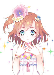 Rule 34 | 10s, 1girl, armband, bad id, bad pixiv id, blue eyes, blush, brown hair, flower, flower necklace, hair flower, hair ornament, half updo, jewelry, kosaka honoka, love live!, love live! school idol project, multicolored nails, nail polish, necklace, ribbon-trimmed clothes, ribbon trim, short hair, short ponytail, side ponytail, smile, solo, sui (gyujji)