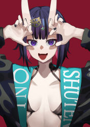 Rule 34 | 1girl, absurdres, bob cut, breasts, eyeliner, fate/grand order, fate (series), headpiece, highres, horns, long sleeves, looking at viewer, makeup, oni, open mouth, purple eyes, purple hair, san (harutuki 3), short hair, shuten douji (fate), skin-covered horns, small breasts, smile, solo