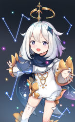 Rule 34 | 1girl, :d, black cape, cape, commentary request, constellation, dress, genshin impact, hair between eyes, hair ornament, halo, highres, liclac, long sleeves, open mouth, paimon (genshin impact), purple eyes, silver hair, single thighhigh, sleeves past wrists, smile, solo, thighhighs, white dress, white thighhighs, wide sleeves