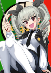 Rule 34 | 1girl, :d, absurdres, anchovy (girls und panzer), anzio (emblem), anzio school uniform, belt, black belt, black cape, black necktie, black ribbon, black skirt, cape, dress shirt, drill hair, emblem, flag background, girls und panzer, green hair, hair ribbon, highres, italian flag, light blush, long hair, long sleeves, looking at viewer, miniskirt, necktie, open mouth, pantyhose, pleated skirt, red eyes, ribbon, riding crop, school uniform, shiina excel, shirt, sitting, skirt, smile, solo, twin drills, twintails, white pantyhose, white shirt, wing collar