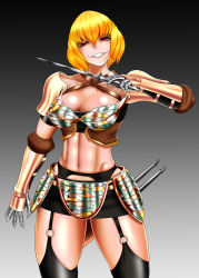 Rule 34 | 1girl, abs, armor, bikini, bikini armor, black background, black thighhighs, blonde hair, breastplate, breasts, cleavage, cleavage cutout, clementine (overlord), clenched teeth, clothing cutout, criss-cross halter, dagger, evil smile, fangs, female focus, garter belt, garter straps, gauntlets, gradient background, grey background, hair between eyes, halterneck, head tilt, highres, holding, holding weapon, knife, large breasts, legs, navel, neck, overlord (maruyama), pink eyes, revealing clothes, saru panitumu, shiny skin, short hair, smile, solo, standing, swimsuit, teeth, thighhighs, weapon