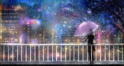 Rule 34 | 00, 1girl, bare tree, blurry, building, city, city lights, colorful, dark, from behind, highres, lens flare, light, night, original, railing, scarf, scenery, short hair, silhouette, snow, snowing, solo, transparent umbrella, tree, umbrella