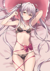Rule 34 | 1girl, absurdres, arms up, black bow, black bra, black panties, blush, bow, bra, breasts, gift, grey hair, hair ornament, heart, heart-shaped pillow, highres, long hair, looking at viewer, naked ribbon, navel, on bed, original, panties, pillow, rasahan, red eyes, red ribbon, revision, ribbon, small breasts, solo, twintails, underwear, underwear only, valentine