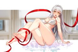 Rule 34 | 1girl, absurdres, arched back, arm support, bad id, bad pixiv id, barefoot, blurry, blurry background, breasts, commentary request, cross, cross earrings, earrings, feet, highres, jewelry, large breasts, leaning back, legs, long hair, maid headdress, mouth hold, original, panties, pantyshot, ribbon, ribbon in mouth, shiny skin, sidelocks, silver hair, sitting, solar (happymonk), soles, solo, strap slip, toes, tongue, tongue out, underwear, underwear only, yellow eyes