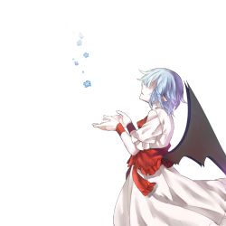 Rule 34 | 1girl, bat wings, black wings, blue flower, blue hair, closed mouth, commentary request, cowboy shot, dress, flower, frilled sleeves, frills, from side, hidden eyes, pointy ears, profile, puffy short sleeves, puffy sleeves, remilia scarlet, short hair, short sleeves, shouzuo, solo, touhou, white dress, wings