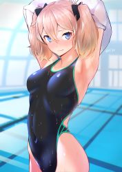 Rule 34 | 1girl, armpits, arms up, blonde hair, blue eyes, blurry, blurry background, blush, bow, breasts, closed mouth, competition swimsuit, covered navel, depth of field, hair between eyes, hair bow, highres, indoors, medium breasts, nanahime, one-piece swimsuit, original, poolside, solo, swimsuit, twintails, undressing, wet