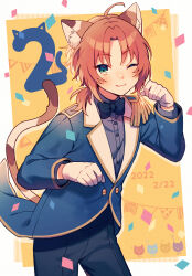 Rule 34 | 1boy, :3, amagi hana, animal ears, blush, bow, bowtie, cat boy, cat day, cat ears, collared shirt, confetti, cowboy shot, dated, ensemble stars!, epaulettes, gloves, green eyes, hand up, highres, jacket, long hair, long sleeves, looking at viewer, male focus, one eye closed, orange hair, parted bangs, paw pose, ponytail, shirt, single epaulette, smile, solo, string, string of fate, traditional bowtie, tsukinaga leo