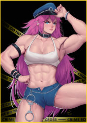 Rule 34 | 1girl, abs, absurdres, adjusting clothes, adjusting headwear, armlet, big hair, blue eyes, bracelet, breasts, broad shoulders, caution tape, choker, collarbone, cowboy shot, cuffs, denim, denim shorts, final fight, frown, hand on own hip, handcuffs, hat, highres, jewelry, large breasts, long hair, muscular, muscular arms, muscular female, muscular legs, peaked cap, poison (final fight), serious, shorts, simple background, solo, speedl00ver, tank top, thick thighs, thighs, very long hair