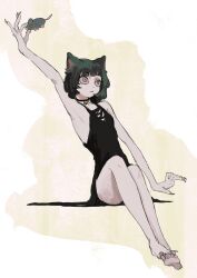 Rule 34 | 1girl, animal ears, arm at side, arm up, armpits, bare arms, bare legs, bare shoulders, barefoot, bell, cat ears, cat girl, choker, closed mouth, convenient leg, dress, end80236189, fingernails, flat chest, full body, green hair, highres, holding, holding toy, jingle bell, knees up, long finger, long fingernails, looking ahead, neck bell, original, short hair, sitting, sleeveless, sleeveless dress, soles, solo, stuffed animal, stuffed mouse, stuffed toy, toy, white background