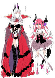 Rule 34 | 2girls, bare shoulders, blue eyes, blush, boots, bow, breasts, carmilla (fate), cleavage, curled horns, detached sleeves, dual persona, elizabeth bathory (fate), elizabeth bathory (fate/extra ccc), elizabeth bathory (second ascension) (fate), fate/grand order, fate (series), horns, large breasts, looking at another, meeko, multiple girls, open mouth, pink bow, pink hair, revealing clothes, sketch, sweat, tail, tail bow, tail ornament, thigh boots, thighhighs, time paradox, translation request, white background, white hair, yellow eyes