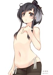 Rule 34 | 10s, 1girl, amagai tarou, bad id, bad twitter id, black eyes, black hair, character name, cowboy shot, flat chest, grey hair, hair censor, hand on own chest, kantai collection, looking at viewer, multicolored hair, navel, panties, panties under pantyhose, pantyhose, short eyebrows, short hair with long locks, side-tie panties, simple background, solo, thighband pantyhose, tokitsukaze (kancolle), topless, twitter username, two-tone hair, underwear, white background, white panties