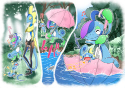 Rule 34 | !?, afloat, blue eyes, blush, closed mouth, commentary request, creatures (company), drizzile, closed eyes, flying sweatdrops, furry, game freak, gen 8 pokemon, grass, heart, holding, holding umbrella, holster, inteleon, musical note, nintendo, open mouth, pokemon, pokemon (creature), salute, smile, sobble, sparkle, standing, takigawa geenito, tongue, tree, umbrella, water, yellow eyes