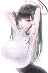 Rule 34 | 3am (phay7388), armpits, arms behind head, arms up, black hair, black skirt, blue archive, breasts, halo, highres, large breasts, long hair, looking at viewer, mouth hold, pleated skirt, presenting armpit, red eyes, rio (blue archive), rubber band, shirt, shirt tucked in, simple background, skirt, sleeveless, sleeveless shirt, very long hair, white background, white shirt