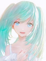 Rule 34 | 1girl, :d, aqua background, aqua hair, backlighting, blue eyes, blurry, blurry foreground, close-up, collarbone, depth of field, fingernails, floating hair, frills, hands on own chest, hands up, happy, hatsune miku, highres, long hair, looking at viewer, off shoulder, ojay tkym, open mouth, own hands together, signature, simple background, smile, solo, spaghetti strap, straight hair, tareme, twintails, upper body, vocaloid