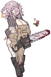 Rule 34 | 1girl, @ @, absurdres, apron, blood, blush stickers, boots, breasts, brown apron, brown gloves, butcher (terraria), chainsaw, cleavage, ear tag, gloves, green footwear, hair between eyes, heart, highres, holding, holding chainsaw, knee boots, large breasts, medium hair, nipple piercing, nyong nyong, piercing, piercing through clothes, pig, pink eyes, pink hair, simple background, sleeves past elbows, smile, solo, stitched arm, stitches, striped, sweat, terraria, thighhighs, torn clothes, torn thighhighs, vertical stripes, white background, white thighhighs