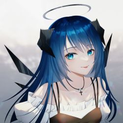 Rule 34 | 1girl, :p, alternate costume, arknights, bare shoulders, black dress, blue eyes, blue hair, closed mouth, collarbone, cross, cross necklace, detached wings, dress, frilled shirt, frilled sleeves, frills, gradient background, grey background, halo, highres, horns, jewelry, liuyoumu, long hair, looking at viewer, mostima (arknights), necklace, off-shoulder shirt, off shoulder, pinafore dress, puffy short sleeves, puffy sleeves, shirt, short sleeves, sleeveless dress, smile, solo, tongue, tongue out, upper body, very long hair, white shirt, wings