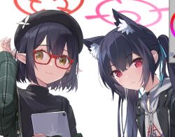 Rule 34 | 2girls, animal ears, ayane (blue archive), azumi akitake, beret, black hair, black headwear, black jacket, blue archive, blue ribbon, blush, cat ears, closed mouth, extra ears, glasses, green jacket, grey hoodie, hair between eyes, hair ribbon, halo, hat, holding, holding tablet pc, hood, hoodie, jacket, long hair, long sleeves, looking at viewer, multiple girls, plaid, plaid jacket, pointy ears, red-framed eyewear, red eyes, ribbon, serika (blue archive), short hair, sidelocks, tablet pc, twintails, upper body, white background, yellow eyes