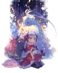 Rule 34 | 1girl, altaria, black thighhighs, blobfish, capelet, character request, commentary, creatures (company), flat chest, flower, game freak, gen 3 pokemon, gen 5 pokemon, gen 7 pokemon, gloves, hair flower, hair ornament, heterochromia, horns, kaneblob, litwick, merry christmas, nintendo, pokemon, pokemon (creature), red eyes, red gloves, rowlet, seiza, sitting, snow, thighhighs, white hair, yellow eyes
