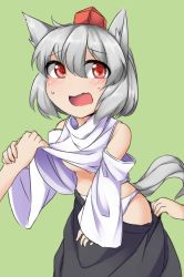 Rule 34 | 1girl, animal ears, breasts, clothes lift, clothes pull, fun bo, hat, inubashiri momiji, panties, red eyes, shirt lift, silver hair, skirt, skirt pull, small breasts, solo focus, tail, touhou, underboob, underwear, white panties, wolf ears, wolf tail