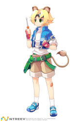 Rule 34 | 10s, 1boy, animal ears, armcho, bandaid, blonde hair, full body, goggles, green eyes, lion (trickster), lion ears, male focus, short hair, solo, standing, tail, trickster (ntreev soft)