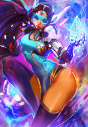 Rule 34 | 1girl, abstract, absurdres, andres blanco, black hair, black thighhighs, blue-tinted eyewear, blue dress, breasts, brown eyes, commentary, cyborg, dark-skinned female, dark skin, dress, earrings, english commentary, forehead jewel, gold trim, headgear, highres, hologram, jewelry, lips, long hair, looking at viewer, mechanical arms, nose, overwatch, overwatch 1, pelvic curtain, single mechanical arm, small breasts, solo, symmetra (overwatch), thighhighs, thighs, tinted eyewear, visor
