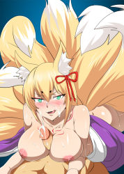 Rule 34 | 1boy, 1girl, aged up, animal ears, blonde hair, blush, breasts, cum, cum on body, cum on breasts, cum on upper body, facial, fox ears, green eyes, hetero, kitsune, licking lips, mon-musu quest!, monster girl, paizuri, slit pupils, tamamo (mon-musu quest!), tongue, tongue out