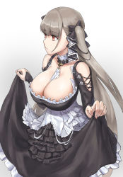 Rule 34 | 1girl, absurdres, azur lane, between breasts, black dress, breasts, cleavage, clothing cutout, dress, formidable (azur lane), frilled dress, frills, from side, gothic lolita, grey background, grey hair, hair ribbon, highres, kohinata (sdu0628), large breasts, lolita fashion, long hair, neckwear between breasts, red eyes, ribbon, shoulder cutout, simple background, skirt hold, solo, twintails, two-tone dress, two-tone ribbon, very long hair