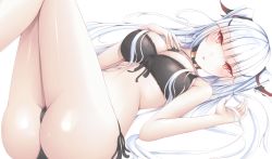 Rule 34 | 1girl, ass, black bra, black panties, blush, bra, breasts, choker, cleavage, cross, eyes visible through hair, hair ornament, head wings, hime cut, kiseno, large breasts, lingerie, long hair, looking at viewer, lying, on back, original, panties, parted lips, red eyes, silver hair, simple background, slit pupils, solo, tsurime, twintails, underwear, upper body, white background, wings