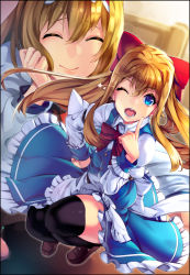 Rule 34 | 1girl, alice margatroid, arm belt, belt, black thighhighs, blonde hair, blue eyes, blue skirt, bow, bowtie, brown footwear, capelet, closed eyes, closed mouth, hair bow, index finger raised, indoors, long hair, long sleeves, looking at viewer, one eye closed, open mouth, red bow, red bowtie, scottie (phantom2), shanghai doll, shoes, skirt, skirt set, smile, solo, teeth, thighhighs, touhou, vest