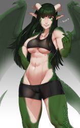 Rule 34 | 1girl, abs, bare arms, bare shoulders, black sports bra, blunt bangs, breasts, cameltoe, collarbone, colored skin, commentary, dragon girl, dragon horns, dragon tail, dragon wings, english commentary, english text, green scales, green skin, grin, groin, hand on own hip, hand up, highres, horns, legs apart, less, lips, long hair, looking at viewer, medium breasts, monster girl, multicolored skin, muscular, muscular female, navel, scales, smile, solo, sports bra, standing, straight hair, tail, tomboy, toned, two-tone skin, underboob, v-shaped eyebrows, wings