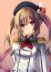 Rule 34 | 10s, 1girl, blush, bow, brown background, brown hair, buttons, cosplay, epaulettes, gloves, hand on own chest, hat, hat bow, head tilt, heart, highres, kantai collection, kashima (kancolle), kashima (kancolle) (cosplay), murasame (kancolle), purunyara, red eyes, simple background, smile, solo, uniform, upper body, white gloves