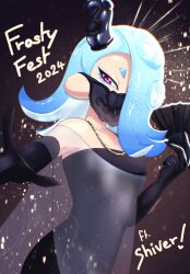 Rule 34 | 1girl, 2024, bare shoulders, black gloves, blue eyeshadow, blue hair, cephalopod eyes, character name, commentary, elbow gloves, eyelashes, eyeshadow, folding fan, gloves, gradient hair, hair over one eye, hand fan, highres, holding, holding fan, holyskywalkrs, jewelry, long hair, makeup, mask, mouth mask, multicolored hair, necklace, nintendo, octoling, red eyes, see-through shawl, shawl, shiver (splatoon), solo, splatoon (series), splatoon 3, tentacle hair, thick eyebrows