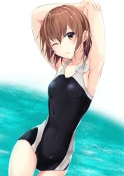 Rule 34 | 1girl, armpits, arms behind head, black one-piece swimsuit, breasts, brown eyes, brown hair, closed mouth, collarbone, commentary, competition swimsuit, dutch angle, hair between eyes, hair strand, highres, k3rd, looking at viewer, misaka mikoto, ocean, one-piece swimsuit, one eye closed, school swimsuit, small breasts, solo, standing, stretching, swimsuit, thigh gap, toaru kagaku no railgun, toaru majutsu no index, tokiwadai school swimsuit, two-tone swimsuit, wading, wet, white background
