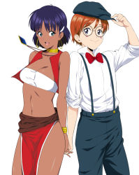 Rule 34 | 1boy, 1girl, bandeau, bare shoulders, bob cut, bracelet, breasts, brown hair, cleavage, closed mouth, commentary request, dark-skinned female, dark skin, earrings, fushigi no umi no nadia, green eyes, hair ornament, hairclip, hat, jean roque lartigue, jewelry, jyura, loincloth, looking at viewer, midriff, nadia la arwall, neck ring, necklace, pelvic curtain, purple hair, short hair, simple background, smile, strapless, tube top, vest, white background
