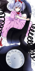 Rule 34 | 1girl, antique phone, bat wings, blue hair, corded phone, dress, female focus, frills, full body, gehirnkaefer, hair ribbon, highres, holding, oni musume (yume 2kki), oversized object, phone, pink dress, red eyes, ribbon, rotary phone, serious, slit pupils, solo, twintails, wings, yume 2kki