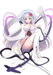 Rule 34 | 1girl, azur lane, bare shoulders, between breasts, blue eyes, blunt bangs, blush, breasts, cleavage, dress, flower, full body, hair flower, hair ornament, hand on breast, highres, large breasts, long hair, looking at viewer, mole, mole under eye, open mouth, schreibe shura, see-through, shoukaku (azur lane), silver hair, simple background, smile, solo, tagme, thighhighs, white background, white thighhighs