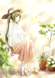 Rule 34 | 1girl, aoi usagi, bad id, bad pixiv id, bug, butterfly, chair, green eyes, green hair, hat, hatsune miku, insect, long hair, matching hair/eyes, plant, potted plant, sitting, skirt, solo, sun hat, twintails, vocaloid