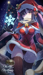 Rule 34 | 1girl, absurdres, bad id, bad pixiv id, bell, black gloves, blurry, blurry background, blush, breasts, brown thighhighs, capelet, christmas tree, cleavage cutout, clothing cutout, commentary, cowboy shot, detached sleeves, dress, english commentary, english text, fur-trimmed capelet, fur-trimmed dress, fur-trimmed headwear, fur-trimmed sleeves, fur trim, genshin impact, gloves, green eyes, hair ornament, hat, hat ornament, highres, holly hair ornament, jingle bell, jsih, long hair, medium breasts, merry christmas, mona (genshin impact), purple hair, red capelet, red dress, santa costume, santa hat, sidelocks, snowflakes, solo, thighhighs, twintails, zettai ryouiki