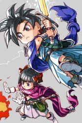 Rule 34 | 1boy, 1girl, black hair, bow, brother and sister, cape, closed mouth, dragon quest, dragon quest v, hair bow, hero&#039;s daughter (dq5), hero&#039;s son (dq5), hungry clicker, short hair, siblings, simple background, square enix, sword, twins, weapon