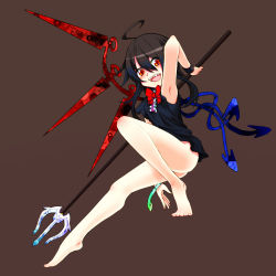 Rule 34 | 1girl, :d, ahoge, arm up, armpits, asymmetrical wings, barefoot, black hair, bottomless, bow, bowtie, dress, feet, female focus, houjuu nue, miranko, open mouth, polearm, red eyes, sharp teeth, smile, snake, solo, teeth, touhou, trident, weapon, wings, wristband